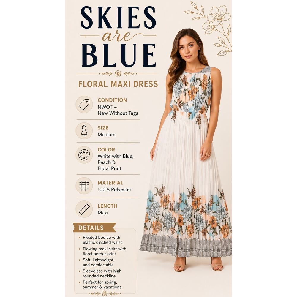 Skies Are Blue Floral Pleated Maxi Dress Medium White Blue Peach Sleeveless Boho